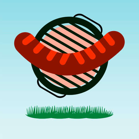 Barbecue. Grilled sausage on the background of the natural landscape, grass conceptのイラスト素材