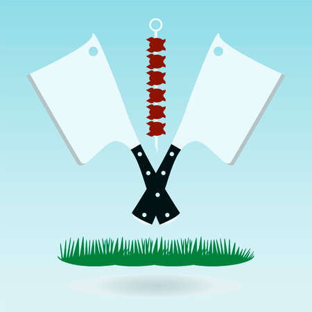 Meat cleaver knife, Axe for meat, Meat chopper. Grass concept.のイラスト素材