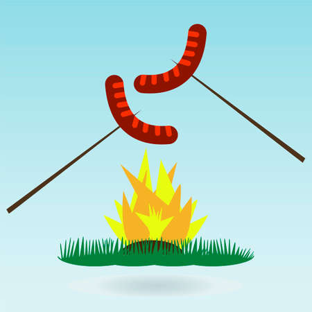 Grilled sausages on forks, fire. Grass concept.のイラスト素材