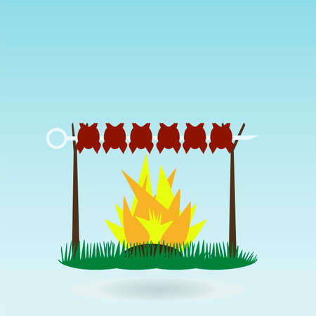 Shish kebab on skewers. Fire. Grass concept.のイラスト素材