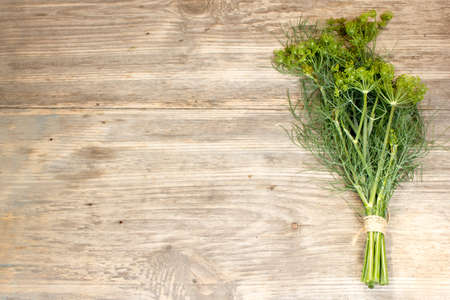 Fresh dill sprigs on wooden. Copy space to right.の写真素材