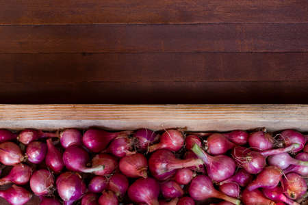 Red onion on wooden tableの写真素材