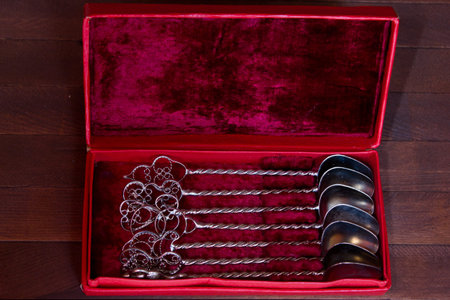 Vintage silver tea spoon set in boxの写真素材