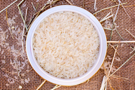 Uncooked rice in  bowl