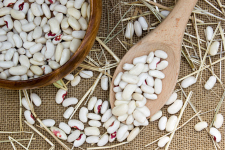 Wooden spoon with cannellini beans on burlap