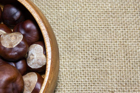 Horse chestnuts in wooden plate on top of a burlap fabricの写真素材