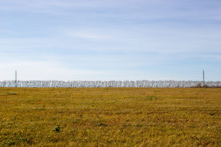 High voltage post. High-voltage tower sky background. power lines in field.