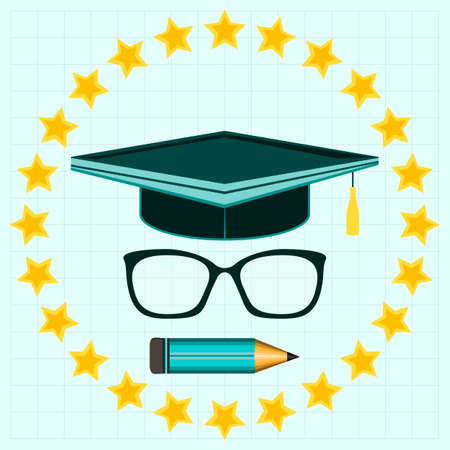 Graduation hat, pencil and glasses in Stars circleのイラスト素材