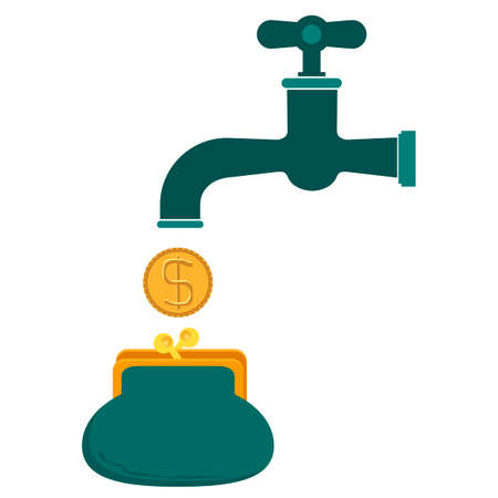 Money coins fall out of golden faucet in wallet or purseのイラスト素材