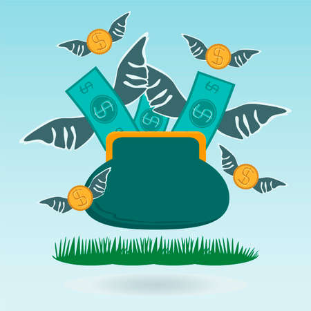 Cash expenditure. Wallet with money fly away. Business grass conceptのイラスト素材