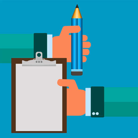 Hands of businessman holding clipboard with sheet of paper and blue pencilのイラスト素材