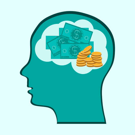Thinking Brain Money Mind, concept showing a head, brain thinking about moneyのイラスト素材