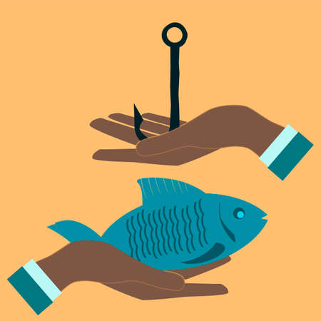 fish and fishing hook in handのイラスト素材