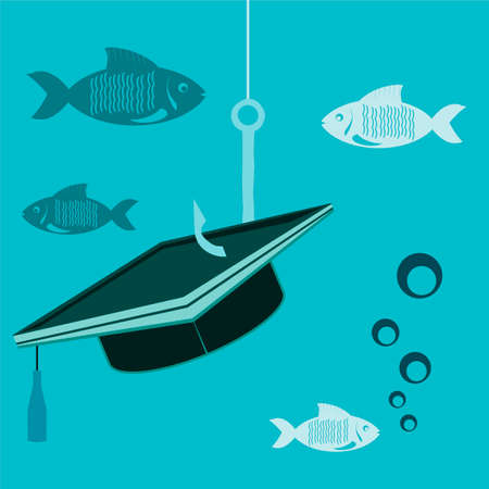 Graduate hat on a fishing hook with fish under waterのイラスト素材