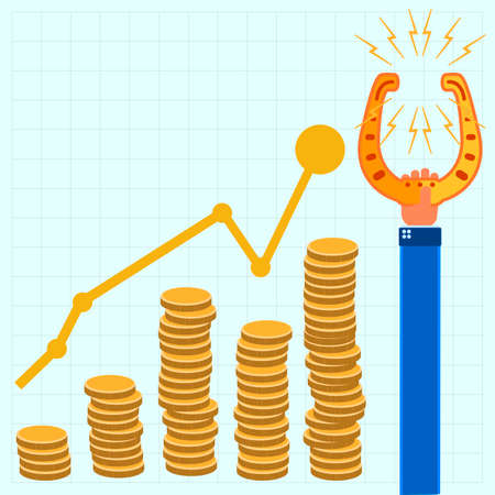 Golden horseshoe in hand, coins, growth chart on notebook sheetのイラスト素材