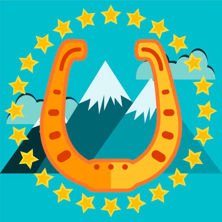 Golden horseshoe, emblem, icon, poster mountains in the backgroundのイラスト素材