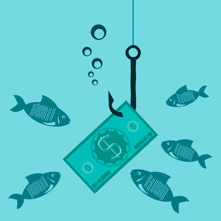 Hook the icon of dollar cash, money. Investment money. Fish look at the money under waterのイラスト素材