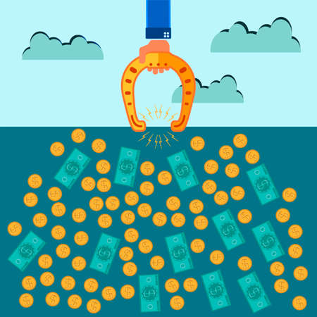 Golden horseshoe in his hand, a dollar bill, coins. A symbol of good luck.のイラスト素材