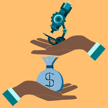 Microscope and money bag in handのイラスト素材