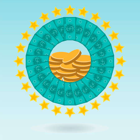 Dollar banknotes and coins in the circle of starsのイラスト素材