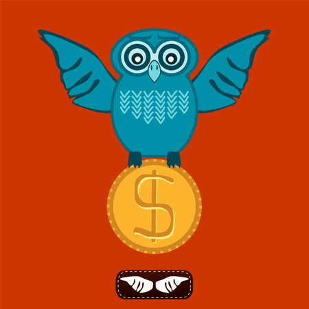Bird, owl with wings holding a dollar coin. Investments in education, Finance.のイラスト素材