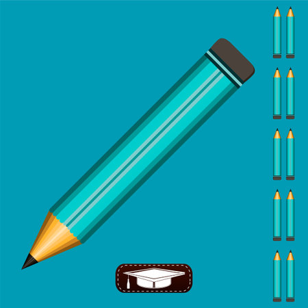 A pencil at a 45 degree angle on a blue background. Gaining knowledge, education writer, school drawingのイラスト素材
