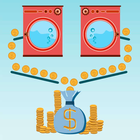 Profit from the Laundry room, washing machines, appliances store, payment for goods and services, gold dollar coins and a money bag, Washing money in a washing machine. The dollars laundering, financial crimeのイラスト素材