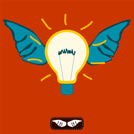Electric bulb with wings. Brilliant idea, imagination, business angel, innovation.のイラスト素材
