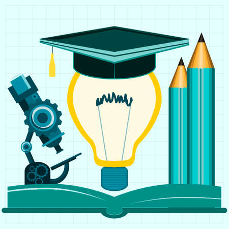 Light bulb filament with hat graduate, pencil and microscope on an open book. Brainstorming, education and training, a workplace of a genius, the factory of ideas, creativityのイラスト素材
