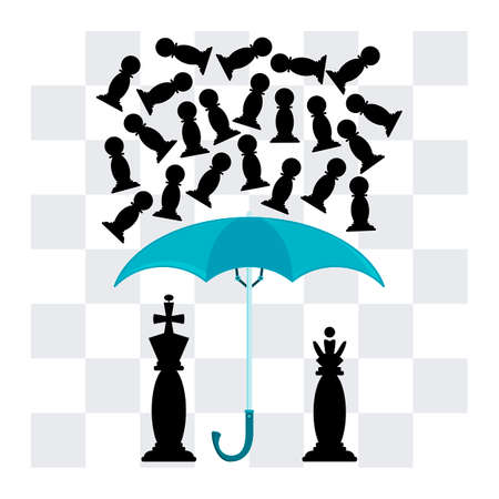 The king and the Queen under an umbrella on the background of a chessboard. The umbrella falling pawns.のイラスト素材