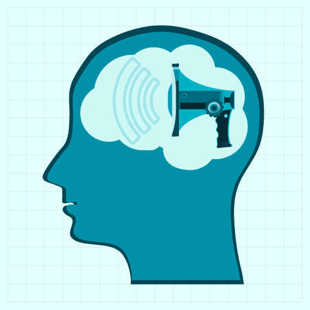 Megaphone with sound waves in the human head. Dissemination of information and media. Zombification of consciousness. Propaganda.のイラスト素材