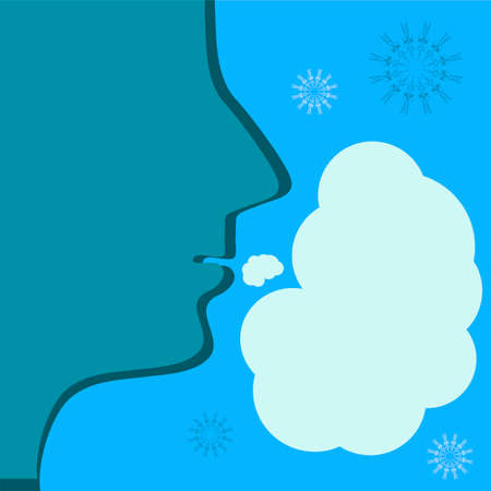 Steam from the mouth in cold weather. Speech bubble and snowflakes.のイラスト素材