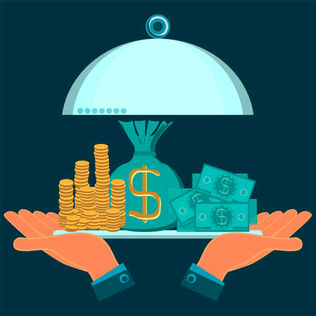 Hands holding a serving dish with gold coins, dollar bills and a bag of money. Investment, the rich man. Lending.のイラスト素材