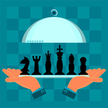 Hands holding a serving plate with a set of chess pieces on a chess Board.のイラスト素材