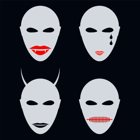 Set of four faces, masks an abstract style. Halloween, vampire, demon with horns.のイラスト素材