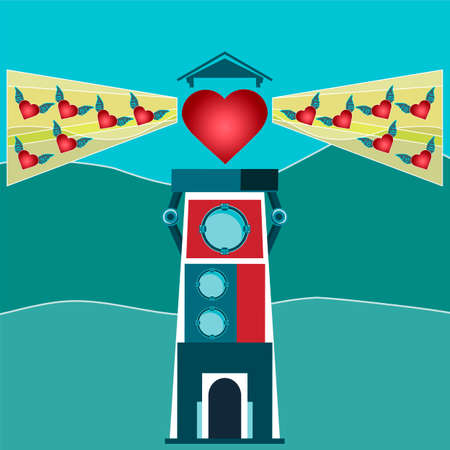 Red heart with wings flying into the light of the lighthouse. The attraction of love, the lure.のイラスト素材