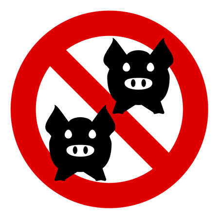 Pig. Free from pigs. A strike of farmers. The prohibition of pork meat, Halal. A red stop Sign. Prohibited. No. Ban.のイラスト素材