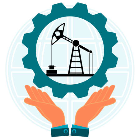 Hands holding a gear with the symbol of an oil derrick on background of the globe. Industrialization. Oil industry.のイラスト素材