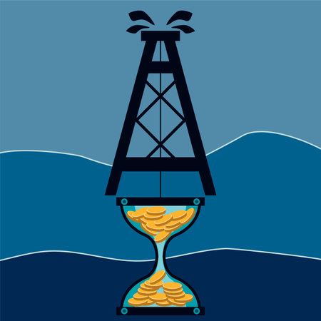 Hourglass with gold coins and an oil rig. Mining. Time is money. Black gold.