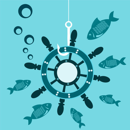 The helm of the ship on a hook under water with the fish. Shipwreck.のイラスト素材
