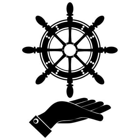 The silhouette of a ship wheel, boat in hand on a white background.のイラスト素材