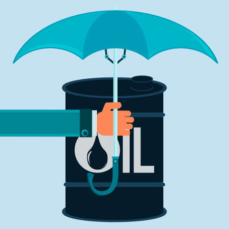 A barrel of oil under an umbrella. Protection of oil production. The oil trade. The inviolability of the reserves. Protectionism.のイラスト素材