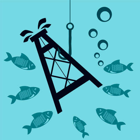 Oil rig on the hook under water with the fish. The fall of the oil market. Mining.のイラスト素材
