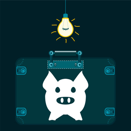 Pig in a suitcase in a dark room with a light bulb. The food market. Illegal agriculture. The transport of Pets.のイラスト素材