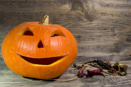 Pumpkin for Halloween on wooden backgroundの写真素材