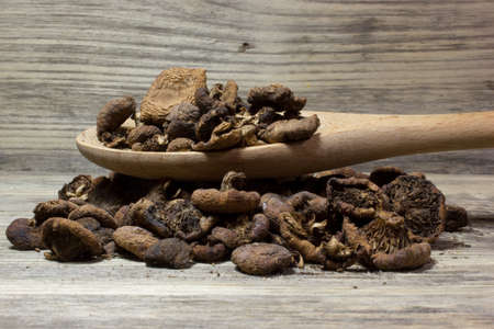 Dried mushrooms in a spoon on wooden backgroundの写真素材
