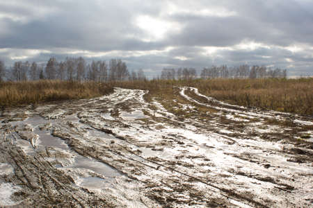 Rural landscape with empty countryside dirt wet roadの写真素材