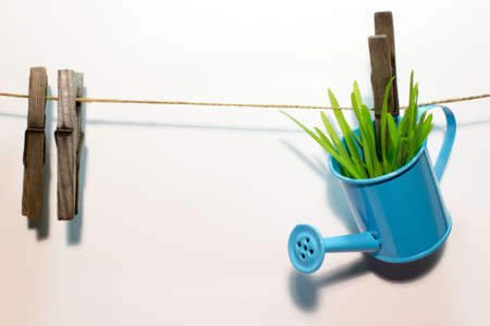 Blue watering can with grass on wooden clothespinの写真素材
