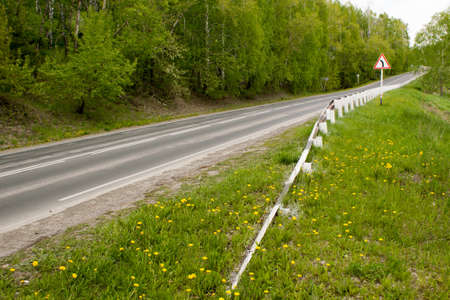 Asphalt road in spring forestの写真素材