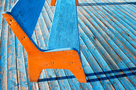 Blue wooden bench on woodenの写真素材